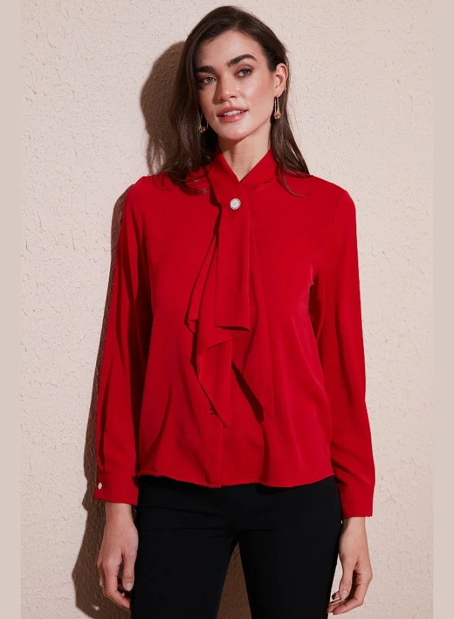 ليلا قميص نسائي بأزرار وزينة وياقة وشاح