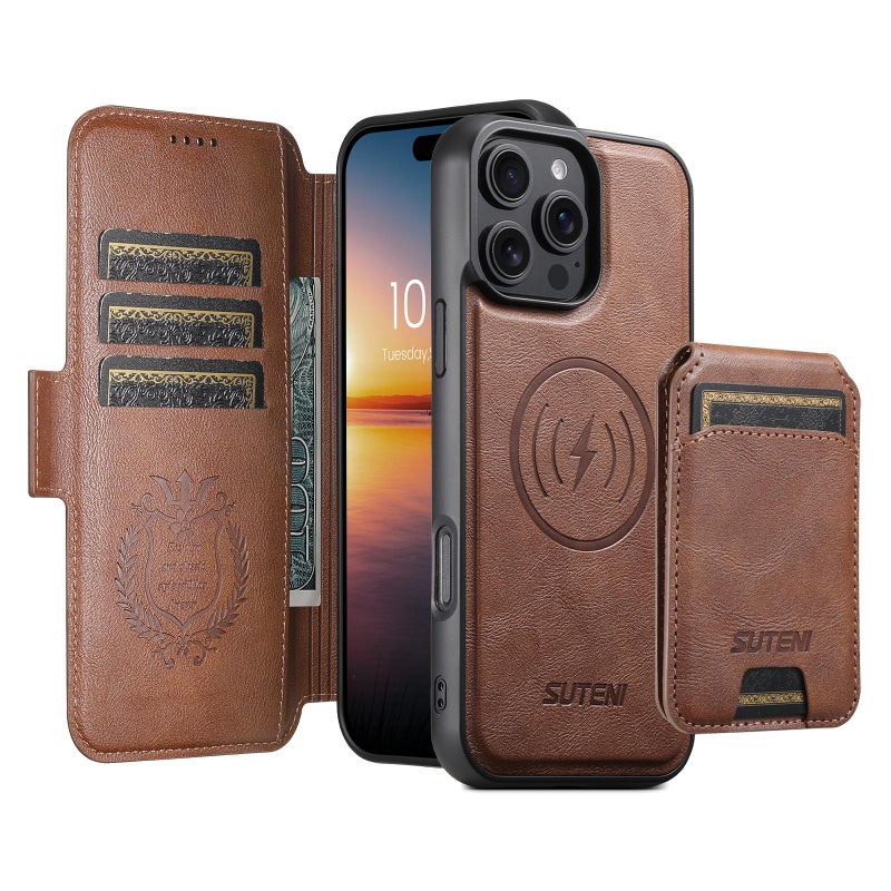 Suteni For Iphone 15 Pro Q06S2 3-In-1 Detachable Vertical Flip Wallet Magsafe Splicing Leather Phone Case(Brown) - Image 2