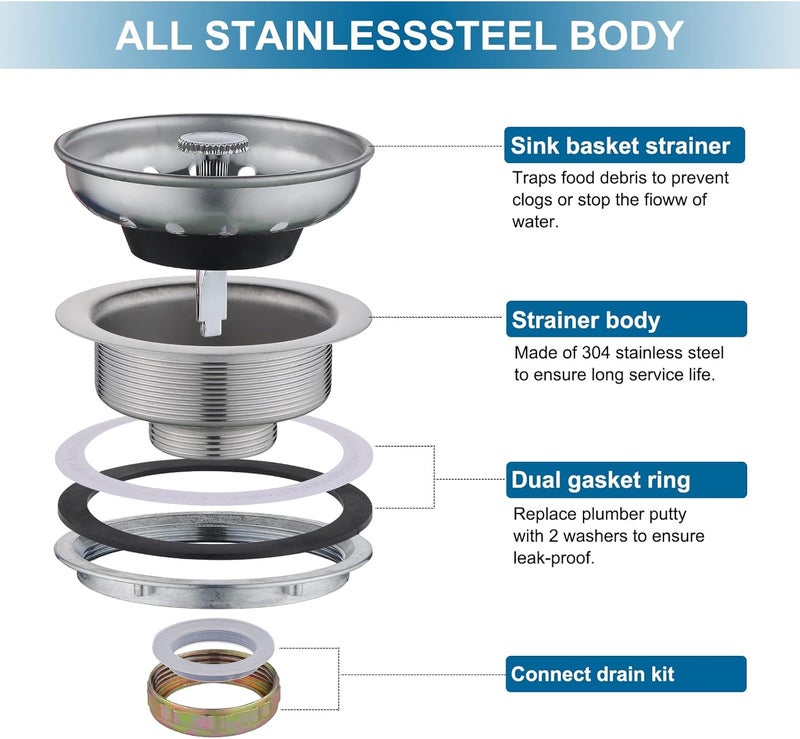 Zm Kitchen Sink Stainless Steel Basket Strainer with Drain Assembly, 3-1/2 Inch Sink Drain Stopper Plug - Image 2