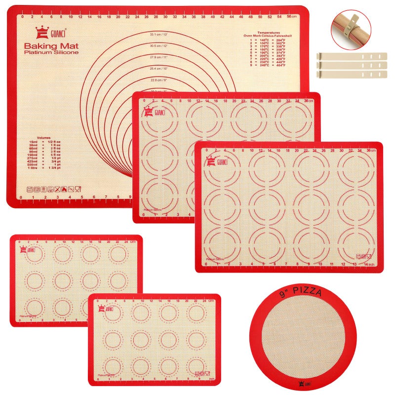 Silicone Baking Mat Set of 6 GUANCI Grade Food Baking mats NonStick Reusable Pizza Bakeware Mat for Making Macaroon Pizza Cookie Pastry Bread BunRed