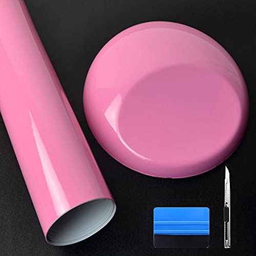 LZLRUN Pink High Gloss Vinyl Realistic Paint Wrap Roll Car Sticker Film Decal Bubble Free Come with Installation Tool Set (1ft x 5ft) - Image 1