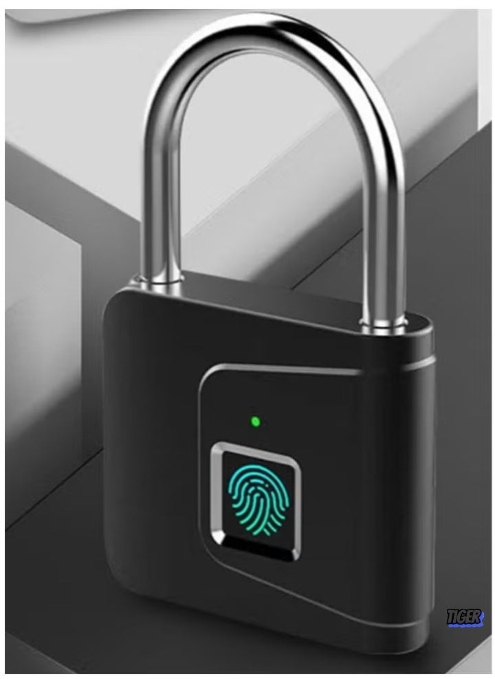TIGER Anti-Theft Fingerprint Padlock – Smart Waterproof Fingerprint Lock with USB Charging, Portable & Compact Design for Cabinet, Luggage, Gym, Suitcase, School, Bike – Secure & Convenient (Black)  - Image 1