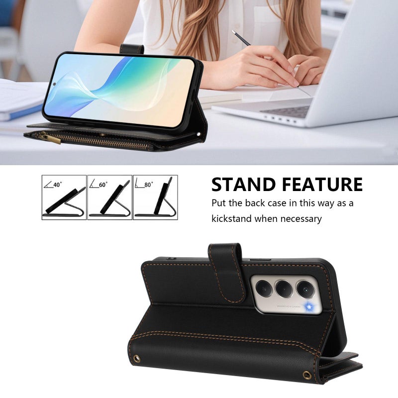 إيروريكس جراب جلدي بسحاب وإغلاق مغناطيسي و9 فتحات للبطاقات لهاتف Redmi 15 5G Global / 15 4G SEA مقاس 169.5 مم مع حزام يد (أسود) - Image 3