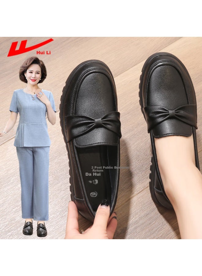 Pull Back Huili Mom Shoes Spring And Autumn Elderly Women's Comfortable Soft-soled Non-slip Leather Shoes For Middle-aged And Elderly 50-60 Years Old Single Shoes 0050 Black Size 42 - Image 1