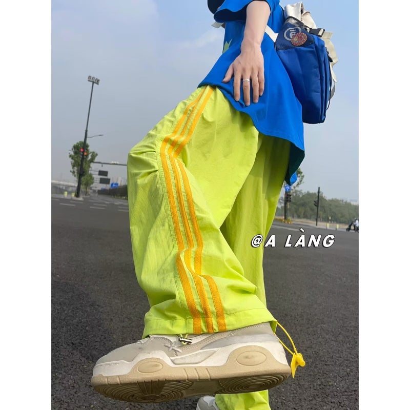 Fluorescent green three-bar pants dopamine bright color wear Green - Image 1