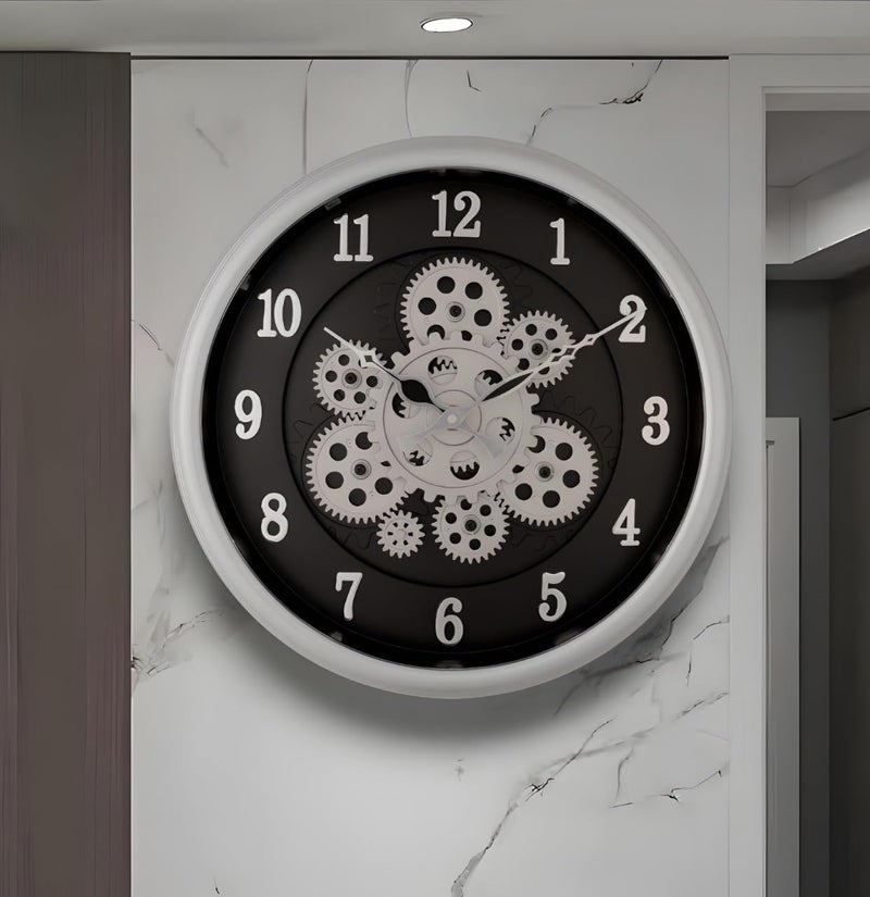 HOME ELEMENTS Modern Moving Gear Wall Clock for Living Room Wall Mount Clock Industrial Steampunk Design Moving Gear Analog Wall Clock for Home Decor Office (32.5cm Round Clock) (Silver Black) - Image 1