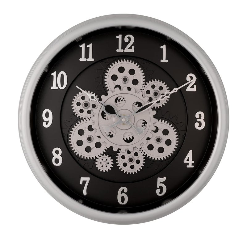 HOME ELEMENTS Modern Moving Gear Wall Clock for Living Room Wall Mount Clock Industrial Steampunk Design Moving Gear Analog Wall Clock for Home Decor Office (32.5cm Round Clock) (Silver Black) - Image 5