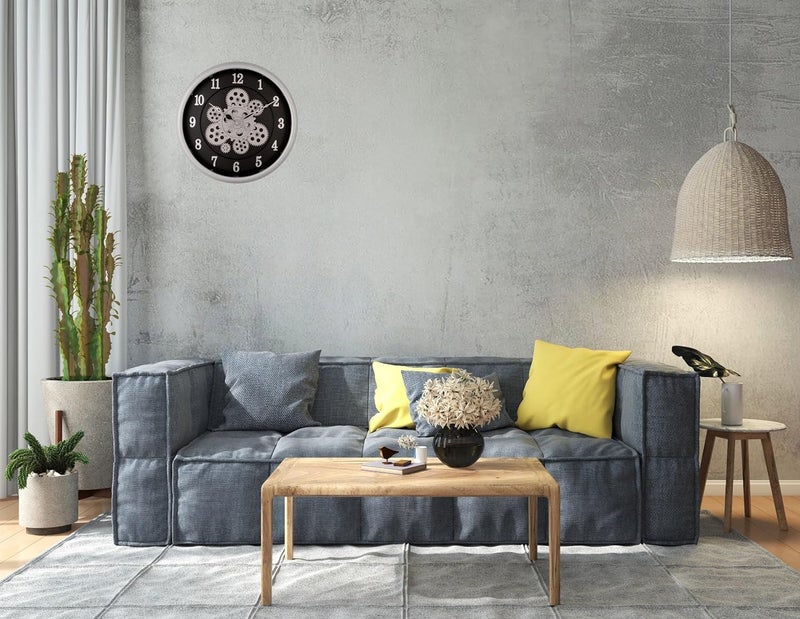 HOME ELEMENTS Modern Moving Gear Wall Clock for Living Room Wall Mount Clock Industrial Steampunk Design Moving Gear Analog Wall Clock for Home Decor Office (32.5cm Round Clock) (Silver Black) - Image 2