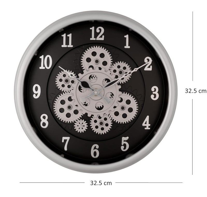HOME ELEMENTS Modern Moving Gear Wall Clock for Living Room Wall Mount Clock Industrial Steampunk Design Moving Gear Analog Wall Clock for Home Decor Office (32.5cm Round Clock) (Silver Black) - Image 4