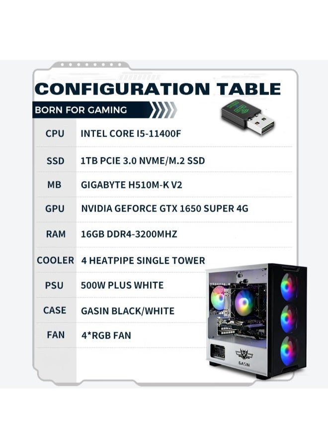غاز حاسوب ألعاب بمعالج Intel Core i5-11400F/1TB SSD/16GB RAM 3200MHz DDR4/Windows 11 Pro/4GB NVIDIA GeForce GTX 1650 Super + جهاز استقبال بطاقة لاسلكية وبلوتوث - Image 4