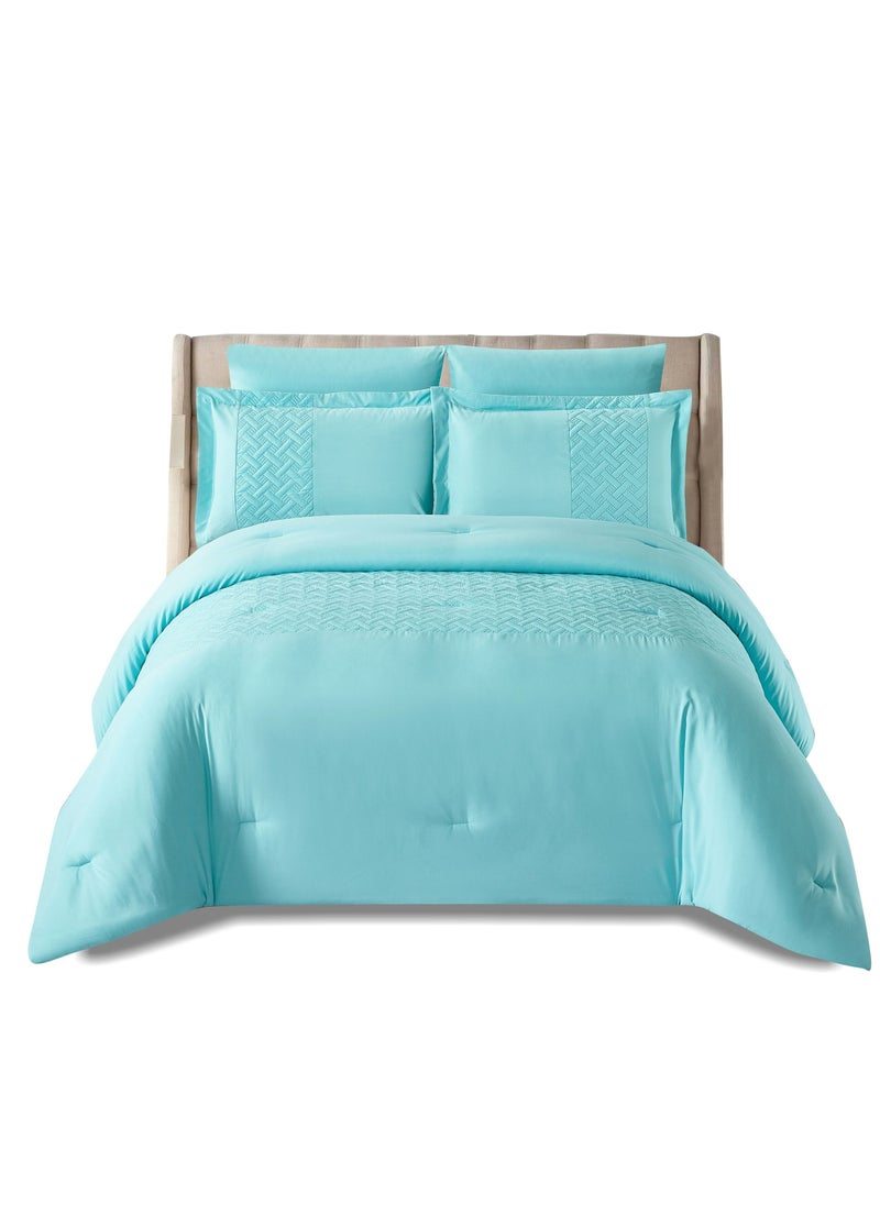 Donetella 6-Piece King Size Ultrasonic Patch Worked Comforter Set Microfiber Turquoise 240x260cm  - Image 1
