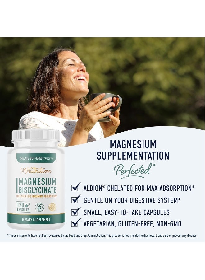 Magnesium Bisglycinate 100% Chelate TRAACS® 400mg (120 Capsules) Maximum Absorption & Bioavailability, Chelated & Buffered - Sleep, Energy, Anxiety, Leg Cramps, Headaches