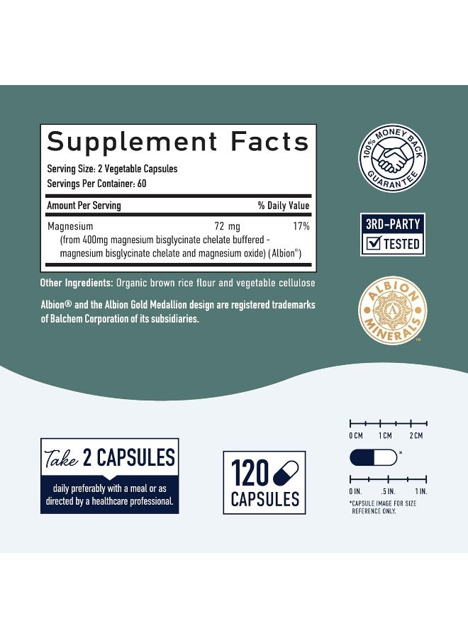 Magnesium Bisglycinate 100% Chelate TRAACS® 400mg (120 Capsules) Maximum Absorption & Bioavailability, Chelated & Buffered - Sleep, Energy, Anxiety, Leg Cramps, Headaches