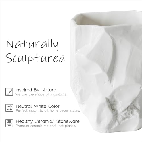 ABBI NIMO HandSculpted StoneLook Ceramic Toothbrush Holder Matte White Tumbler for Bathroom Countertop Natural Pen Holder or Makeup Brush Organizer - Image 3