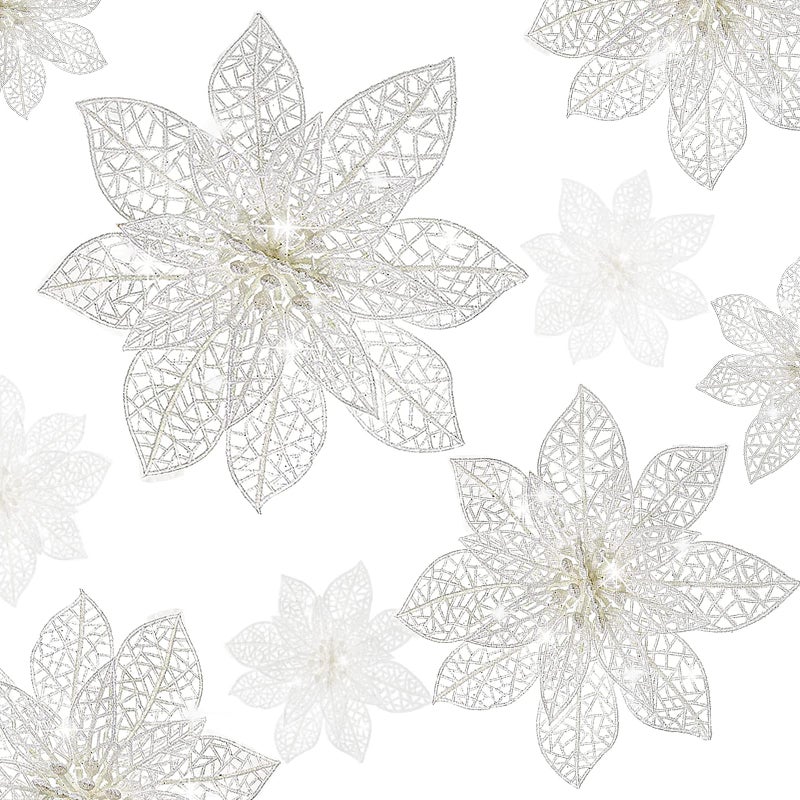 Wironlst 24 Pieces Glitter Poinsettia Flowers Christmas Tree Ornaments  Glitzy Poinsettia Bushes Christmas Decorations for Xmas/Holiday/Seasonal/Wedding (White) - Image 1