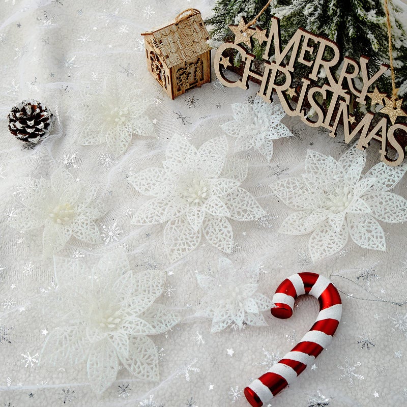 Wironlst 24 Pieces Glitter Poinsettia Flowers Christmas Tree Ornaments  Glitzy Poinsettia Bushes Christmas Decorations for Xmas/Holiday/Seasonal/Wedding (White) - Image 3
