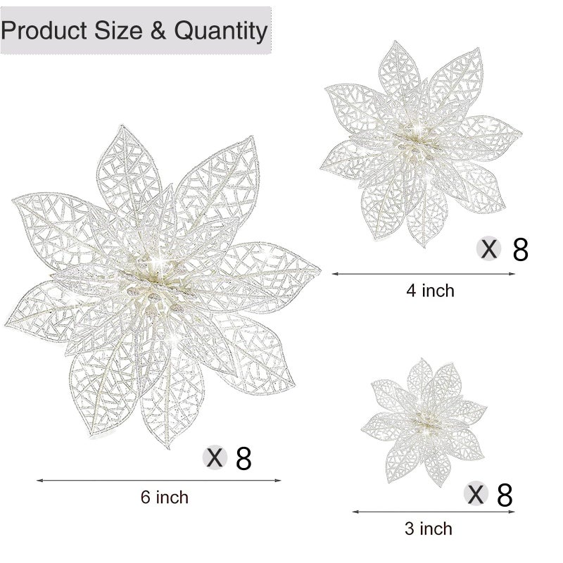 Wironlst 24 Pieces Glitter Poinsettia Flowers Christmas Tree Ornaments  Glitzy Poinsettia Bushes Christmas Decorations for Xmas/Holiday/Seasonal/Wedding (White) - Image 2
