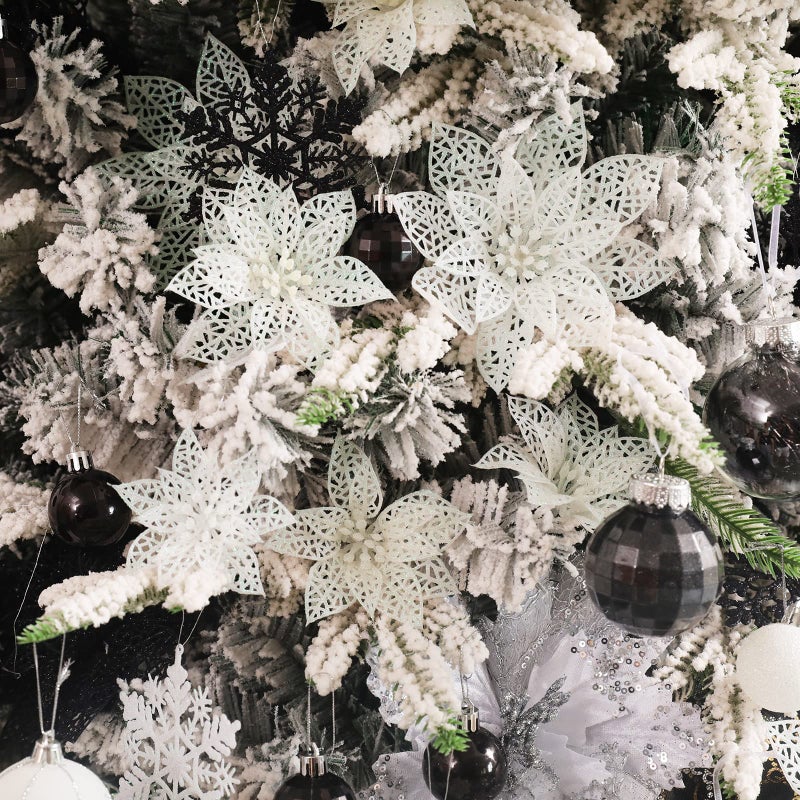 Wironlst 24 Pieces Glitter Poinsettia Flowers Christmas Tree Ornaments  Glitzy Poinsettia Bushes Christmas Decorations for Xmas/Holiday/Seasonal/Wedding (White) - Image 4