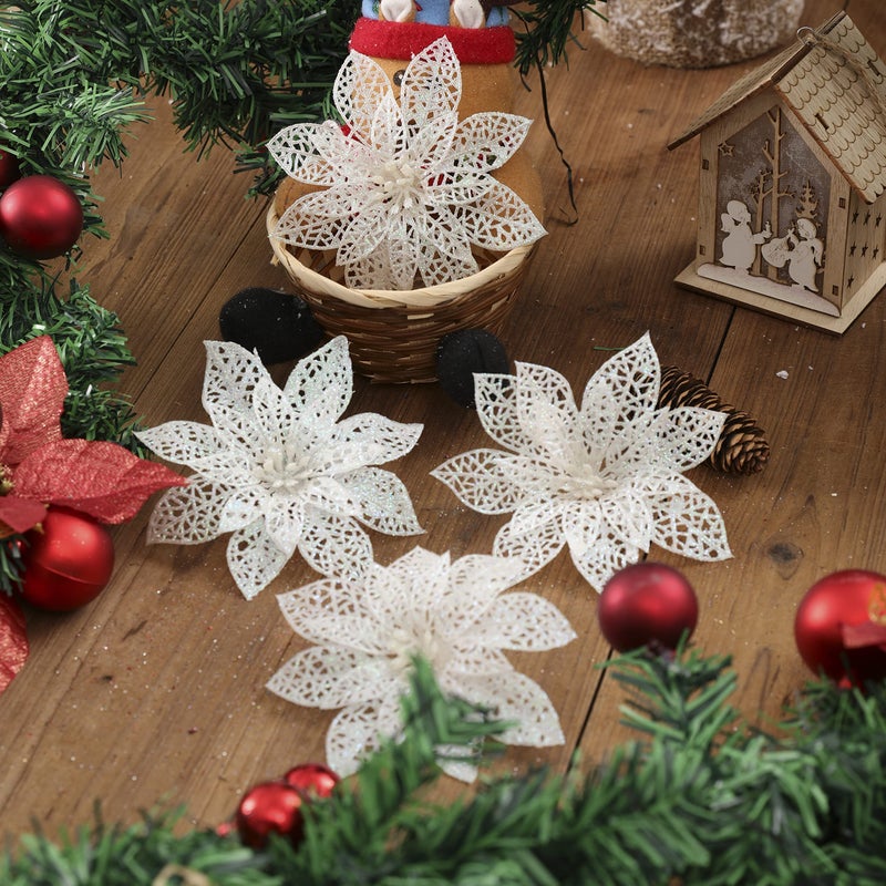 Wironlst 24 Pieces Glitter Poinsettia Flowers Christmas Tree Ornaments  Glitzy Poinsettia Bushes Christmas Decorations for Xmas/Holiday/Seasonal/Wedding (White) - Image 5