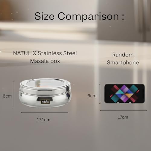 NATULIX Stainless Steel Masala box for Kitchen | Spice Box for for Kitchen | Masala Dabba with See Through Lid with 7 Containers and Small Spoon | Silver (1.2 Ltr | Small) - Image 3