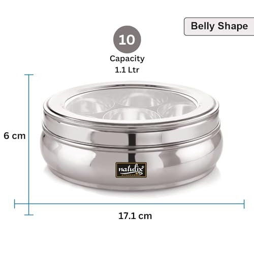 NATULIX Stainless Steel Masala box for Kitchen | Spice Box for for Kitchen | Masala Dabba with See Through Lid with 7 Containers and Small Spoon | Silver (1.2 Ltr | Small) - Image 2