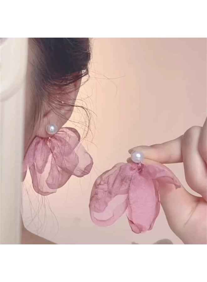 Goolsky أقراط زهور شيفون وردية على شكل جنية الغابة – لآلئ أنيقة للأناقة في العطلات العذبة - Image 2