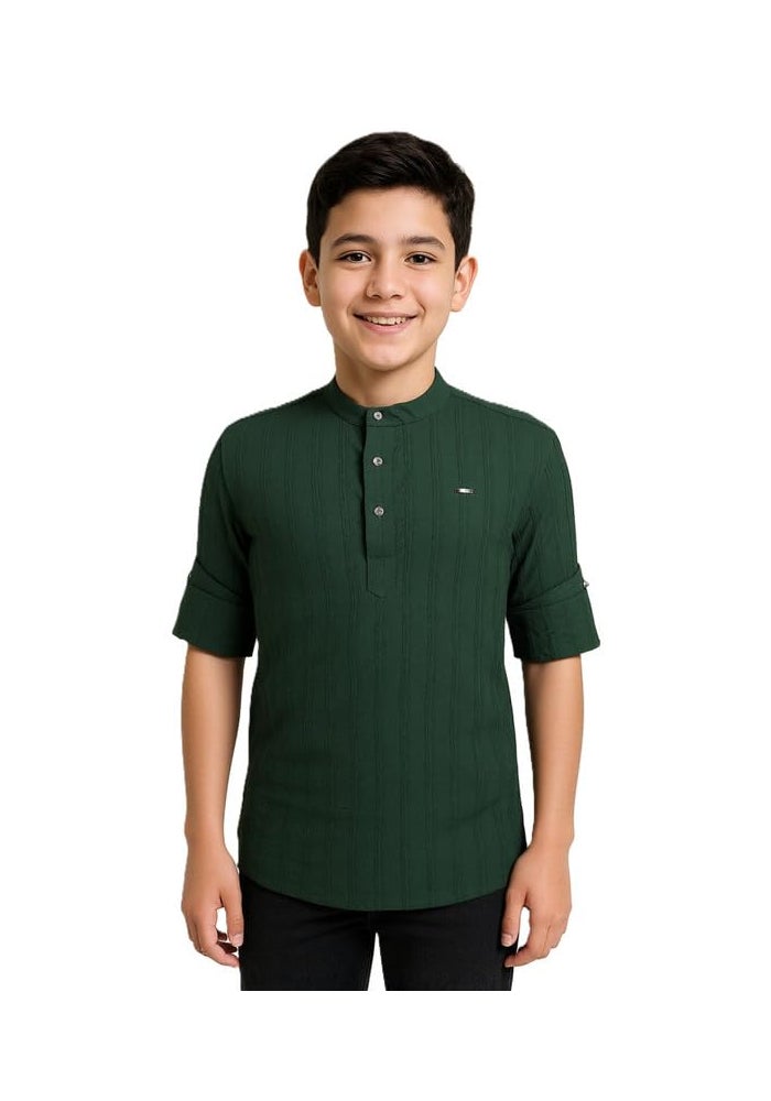 CHARCHIT Boys Full Sleeves Textured Solid Kurta Style Shirt - Dark Green - Image 1