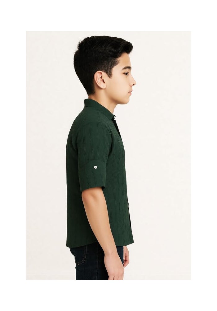 CHARCHIT Boys Full Sleeves Textured Solid Kurta Style Shirt - Dark Green - Image 3