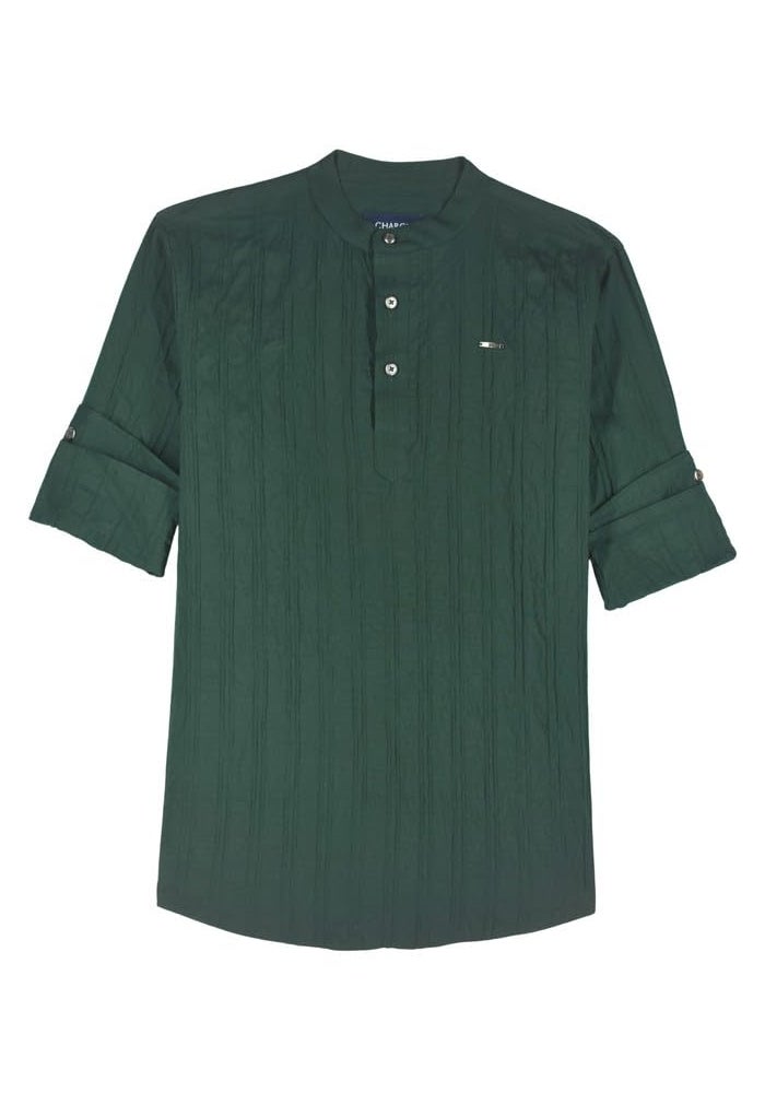 CHARCHIT Boys Full Sleeves Textured Solid Kurta Style Shirt - Dark Green - Image 4