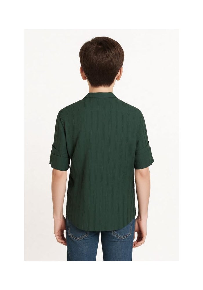 CHARCHIT Boys Full Sleeves Textured Solid Kurta Style Shirt - Dark Green - Image 2
