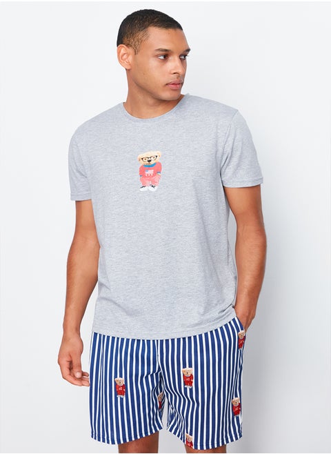 Gray Regular Fit Printed Knitted Pajama Set with Shorts TMNSS24PT00034