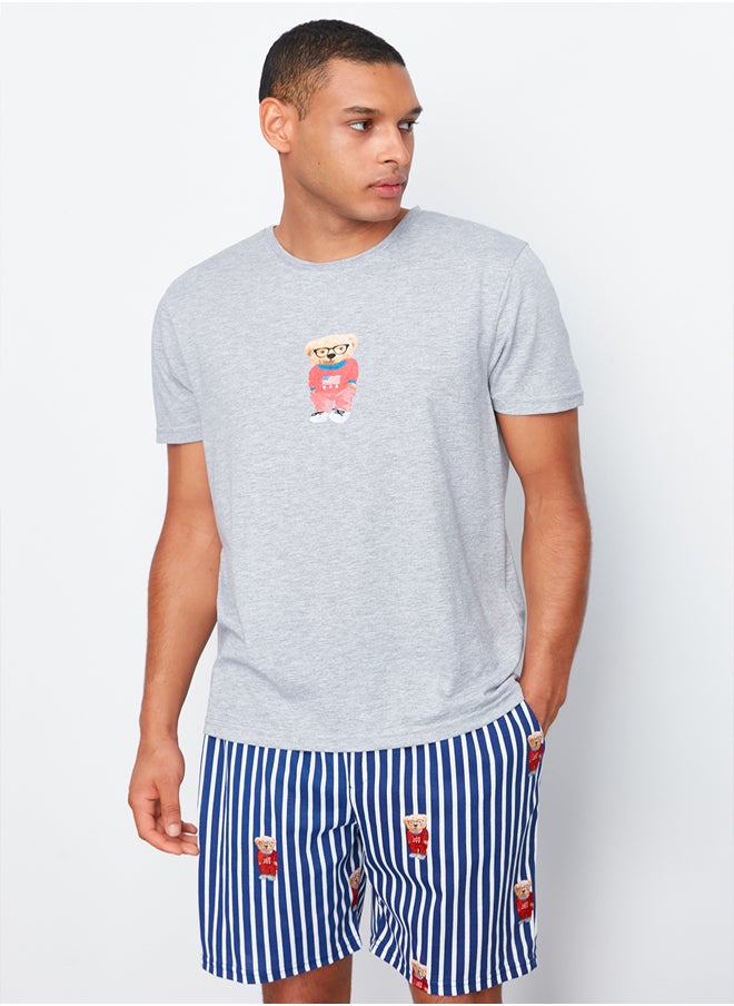 trendyol Gray Regular Fit Printed Knitted Pajama Set with Shorts TMNSS24PT00034  - Image 1