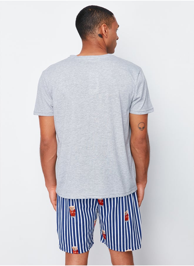 trendyol - Gray Regular Fit Printed Knitted Pajama Set with Shorts TMNSS24PT00034 - Image 1