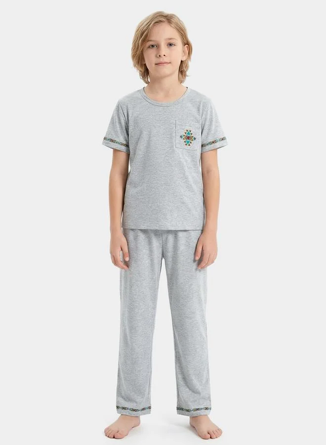 تايك تو Boy's Graphic Print Round Neck Short Sleeve T-shirt With Pants Set
