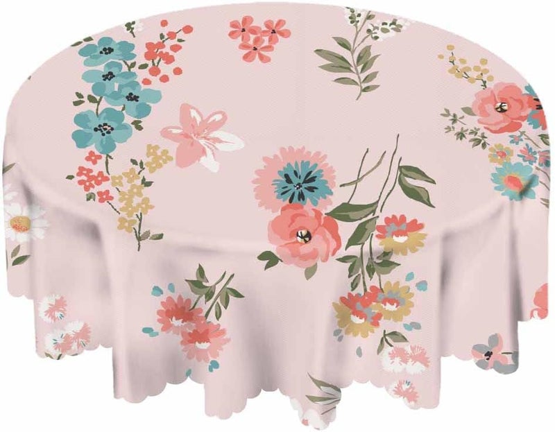 Yibeas Pink Floral Tablecloth Round Table Cloth Spring Cute Rose Daisies Wildflowers Table Cover for Dining Room Kitchen Decoration 60inch - Image 2