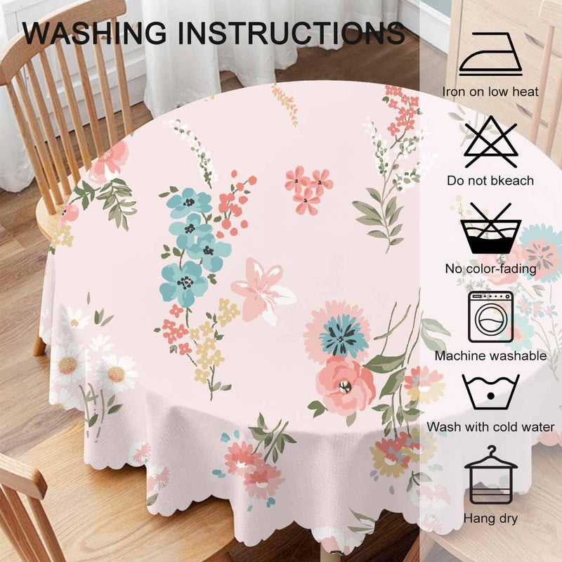 Yibeas Pink Floral Tablecloth Round Table Cloth Spring Cute Rose Daisies Wildflowers Table Cover for Dining Room Kitchen Decoration 60inch - Image 5