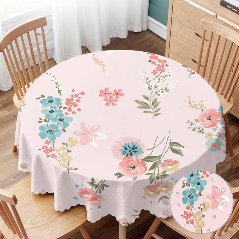 Yibeas Pink Floral Tablecloth Round Table Cloth Spring Cute Rose Daisies Wildflowers Table Cover for Dining Room Kitchen Decoration 60inch - Image 1