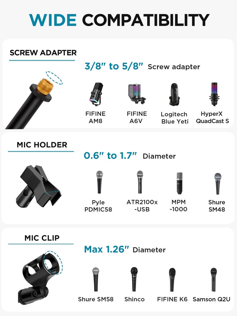 InnoGear Microphone Stand, Tripod Boom Arm Floor Mic Stand Height Adjustable Heavy Duty with Carrying Bag 2 Mic Clips 3/8" to 5/8" Adapter for Singing Podcast for Blue Yeti Shure SM58 SM48 Samson Q2U - Image 5