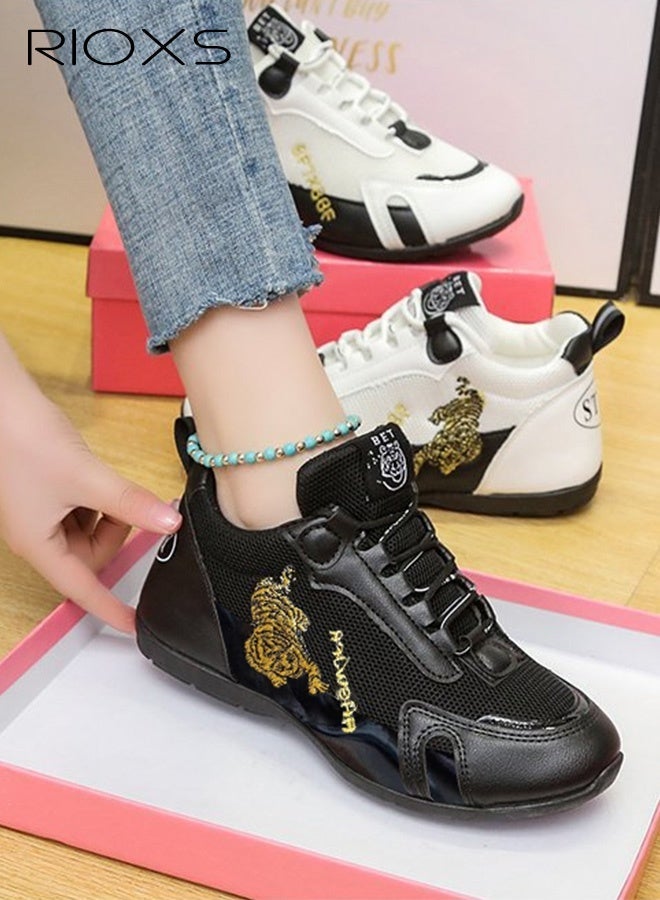 RIOXS Women's Low-Top Sneakers, Casual Sports Shoes for Women, Lighweight Walking Shoes, Ladies Classic Lace Up Athlesiure Sneaker, Women's Comfort Shoes for Running Jogging, Anti-slip Trainer Comfortable Footwear, Fashion Sneakers Tennis Shoes, Black Shoes - Image 1
