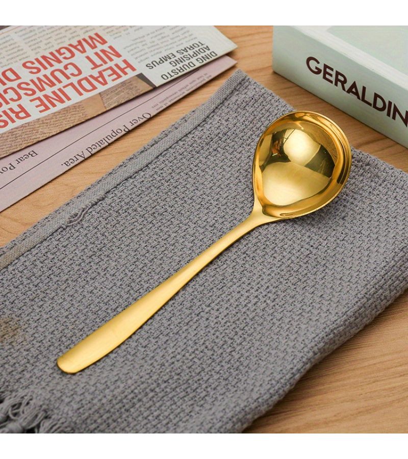 Large Heavy Duty Golden Stainless Steel Serving Ladle Spoon Professional Grade Long Handle Soup Ladle Round Head For Hot Pot Stirring Serving Soup Sauce Gravy Thickened For Home Restaurant Use Flatware 1pc - Image 1