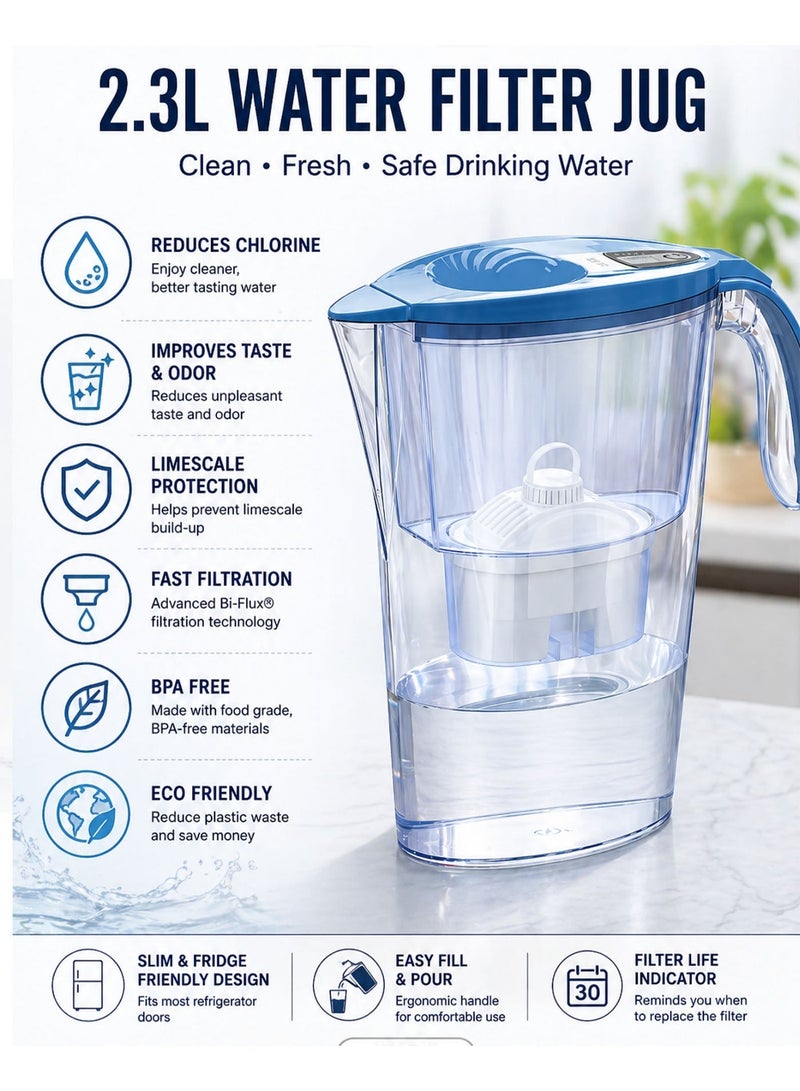 LAICA 2.3L Water Filter Jug Orange BPA Free Filter Pitcher with Bi Flux Cartridge Chlorine Removal Limescale Reduction Odor Improvement Fast Filtration Fridge Friendly Design Reusable Eco Friendly Drinking Water Purifier for Home Kitchen Family Use - Image 2