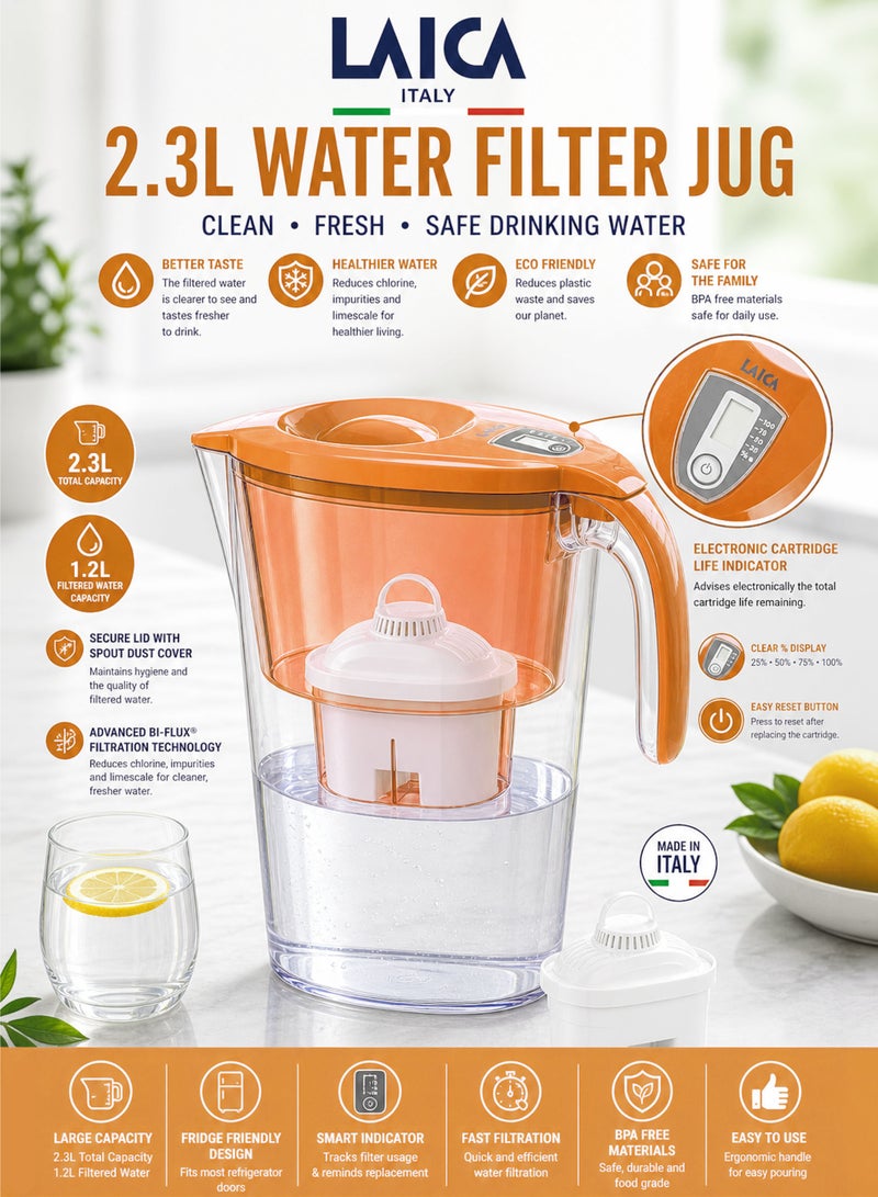 LAICA 2.3L Water Filter Jug Orange BPA Free Filter Pitcher with Bi Flux Cartridge Chlorine Removal Limescale Reduction Odor Improvement Fast Filtration Fridge Friendly Design Reusable Eco Friendly Drinking Water Purifier for Home Kitchen Family Use - Image 1