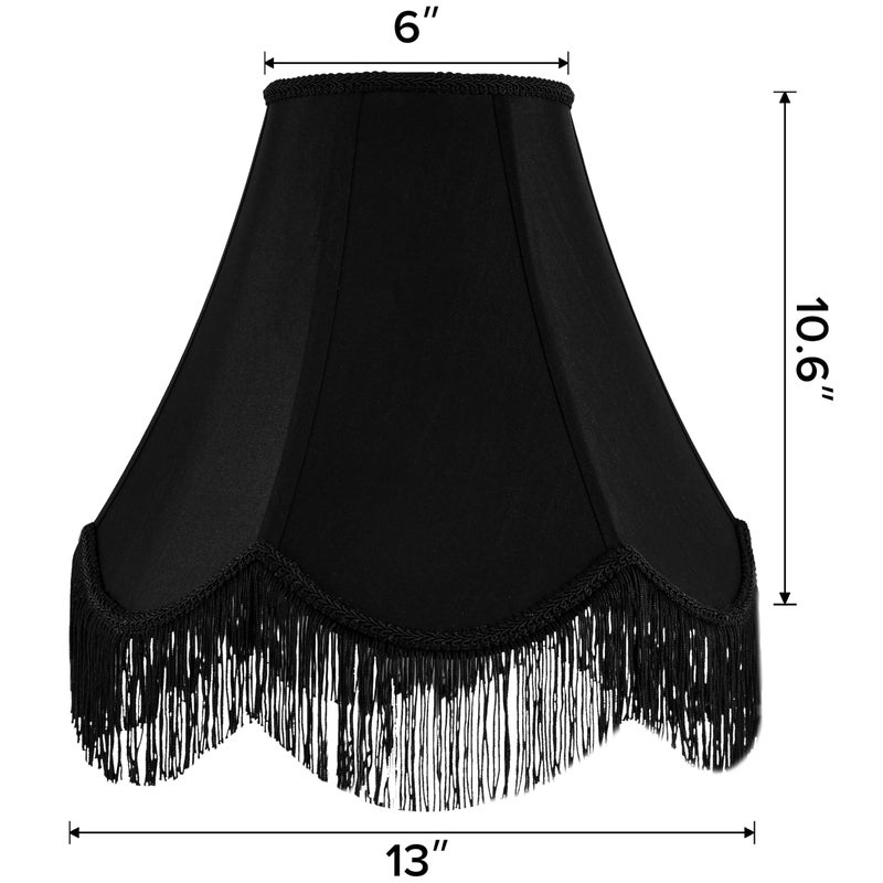 GO&SO Black Silk Bell Lamp Shades Set of 2 -Petal Edge Braid with Black Fringe Trim, 6"x13"x10.6"(Spider), Classic Scalloped Lamp Shade, Replacement Lampshades for Table, Floor Lamps, Easy Assembly - Image 2