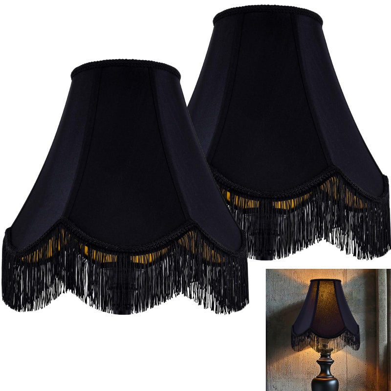 GO&SO Black Silk Bell Lamp Shades Set of 2 -Petal Edge Braid with Black Fringe Trim, 6"x13"x10.6"(Spider), Classic Scalloped Lamp Shade, Replacement Lampshades for Table, Floor Lamps, Easy Assembly - Image 1