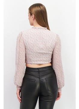Love Triangle Women Crew Neck Long Sleeves Floral Pattern Crop Top, Lavender Combo  - Image 2