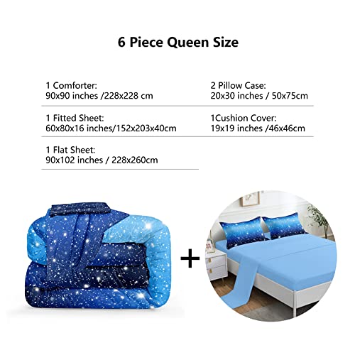 ROWADALO 6 Pieces Blue Gradient Glitter Sparkles Comforter Set Queen Size,Galaxy Starry Sky Bedding Sets 6 Pcs Bed in A Bag for Kids Teen Ultra Soft All-Season Girls Comforter Set,DJT-GB5002 Queen - Image 3