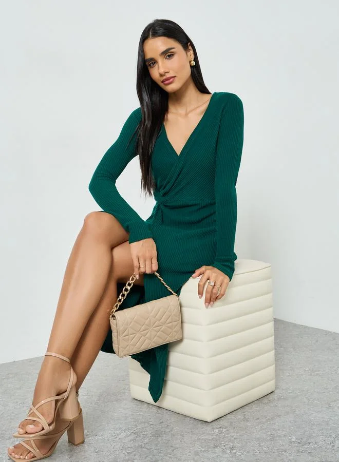 Take Two Women's Solid Texture Wrap Twist Front V Neck Long Sleeve Midi Dress