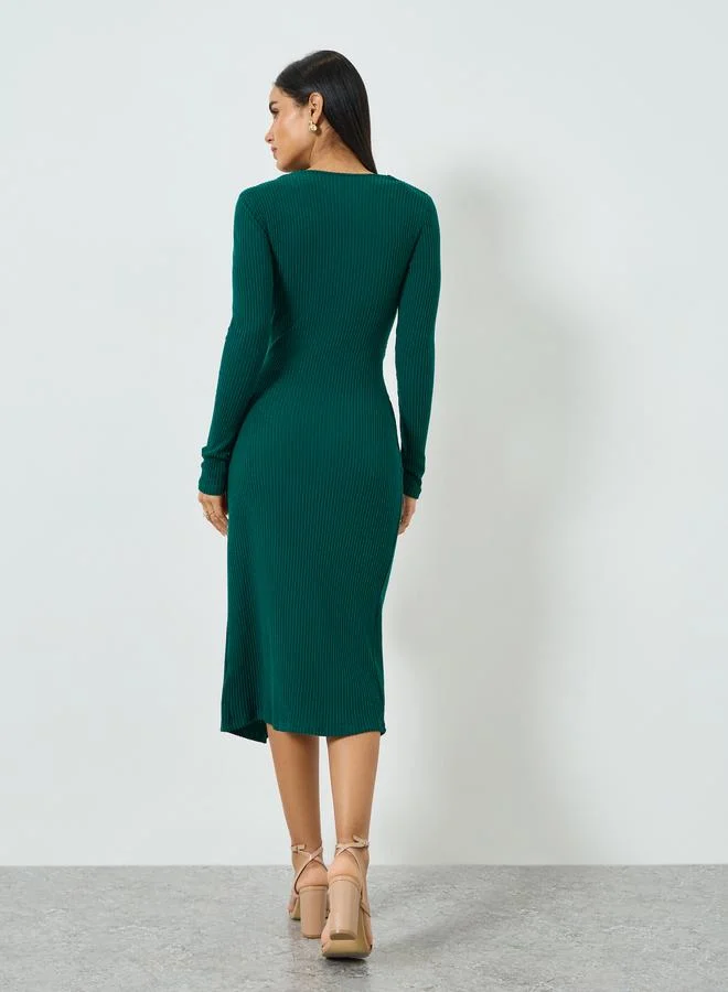 Take Two  Women's Solid Texture Wrap Twist Front V Neck Long Sleeve Midi Dress for Women | Best Price UAE