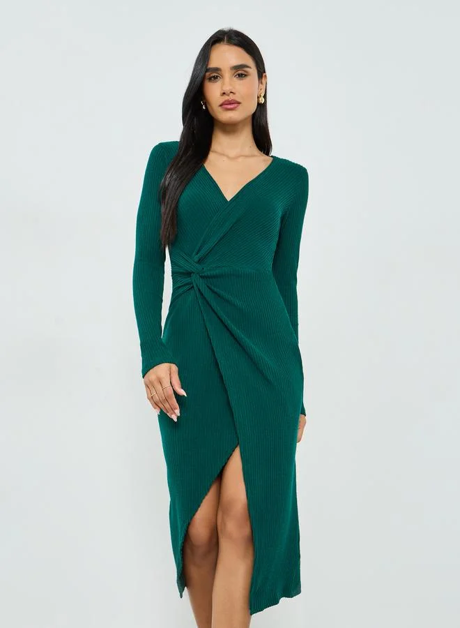 Take Two  Women's Solid Texture Wrap Twist Front V Neck Long Sleeve Midi Dress for Women | Best Price UAE