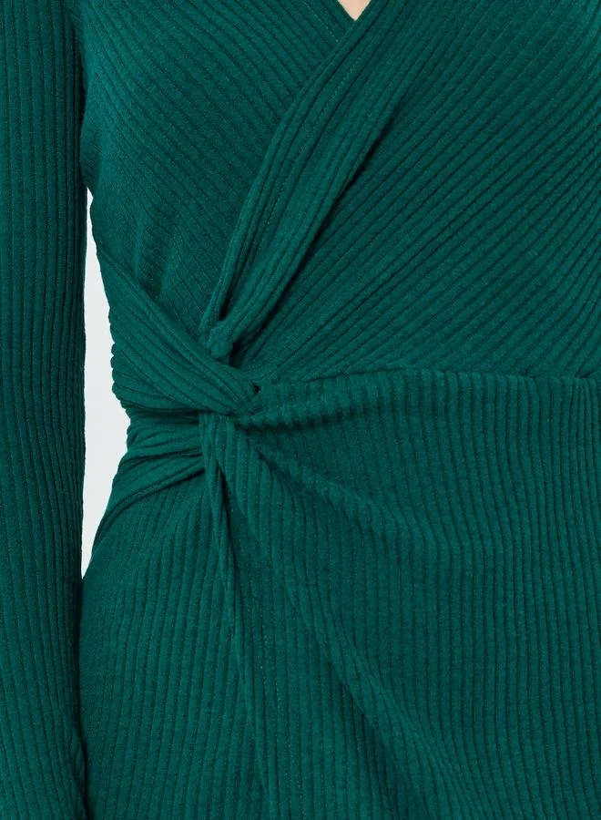Take Two  Women's Solid Texture Wrap Twist Front V Neck Long Sleeve Midi Dress for Women | Best Price UAE